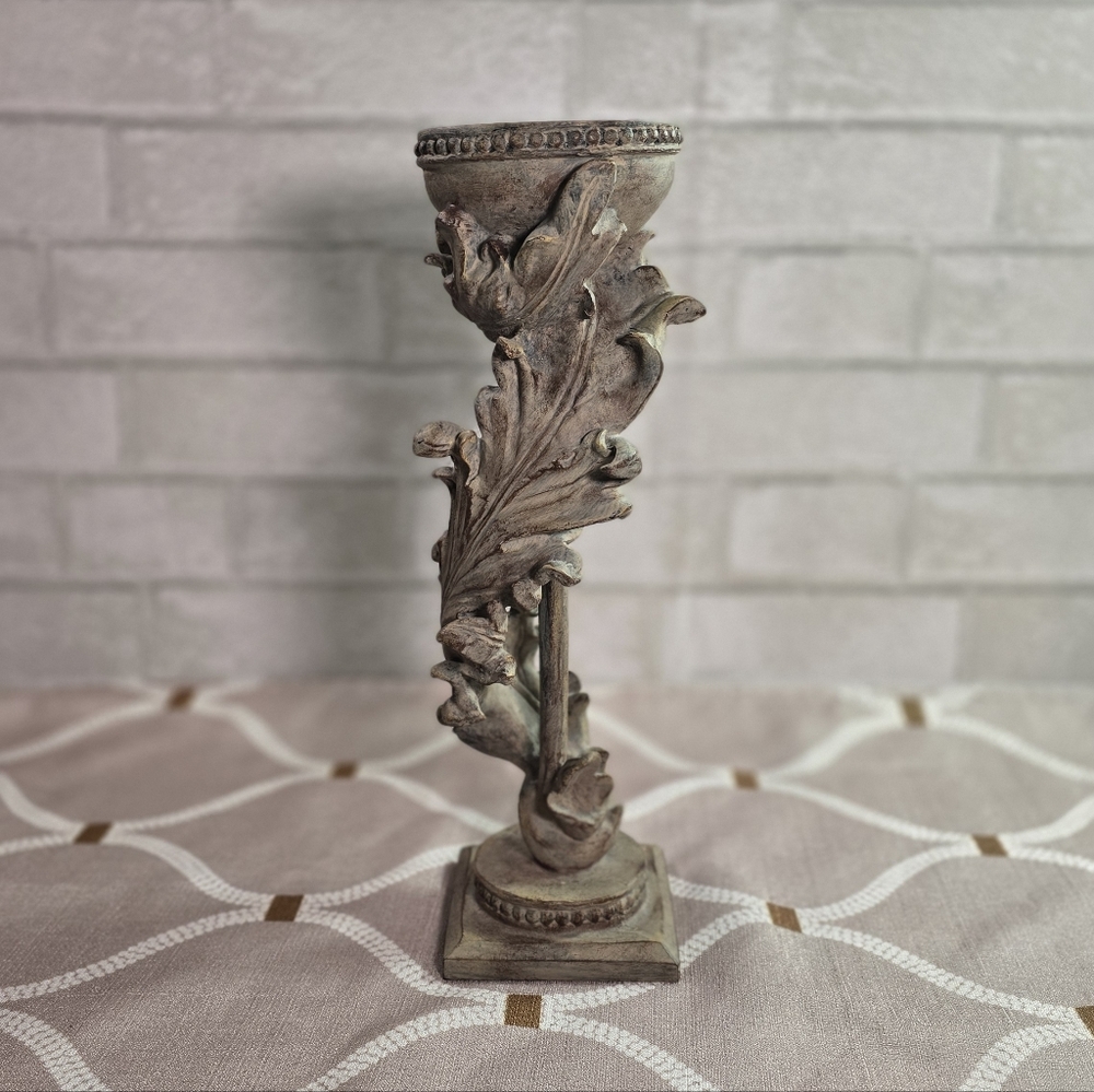 Ornate Pillar Candle Holder Pedestal Flowing Leaf Design Neutral Resin 13.5" H